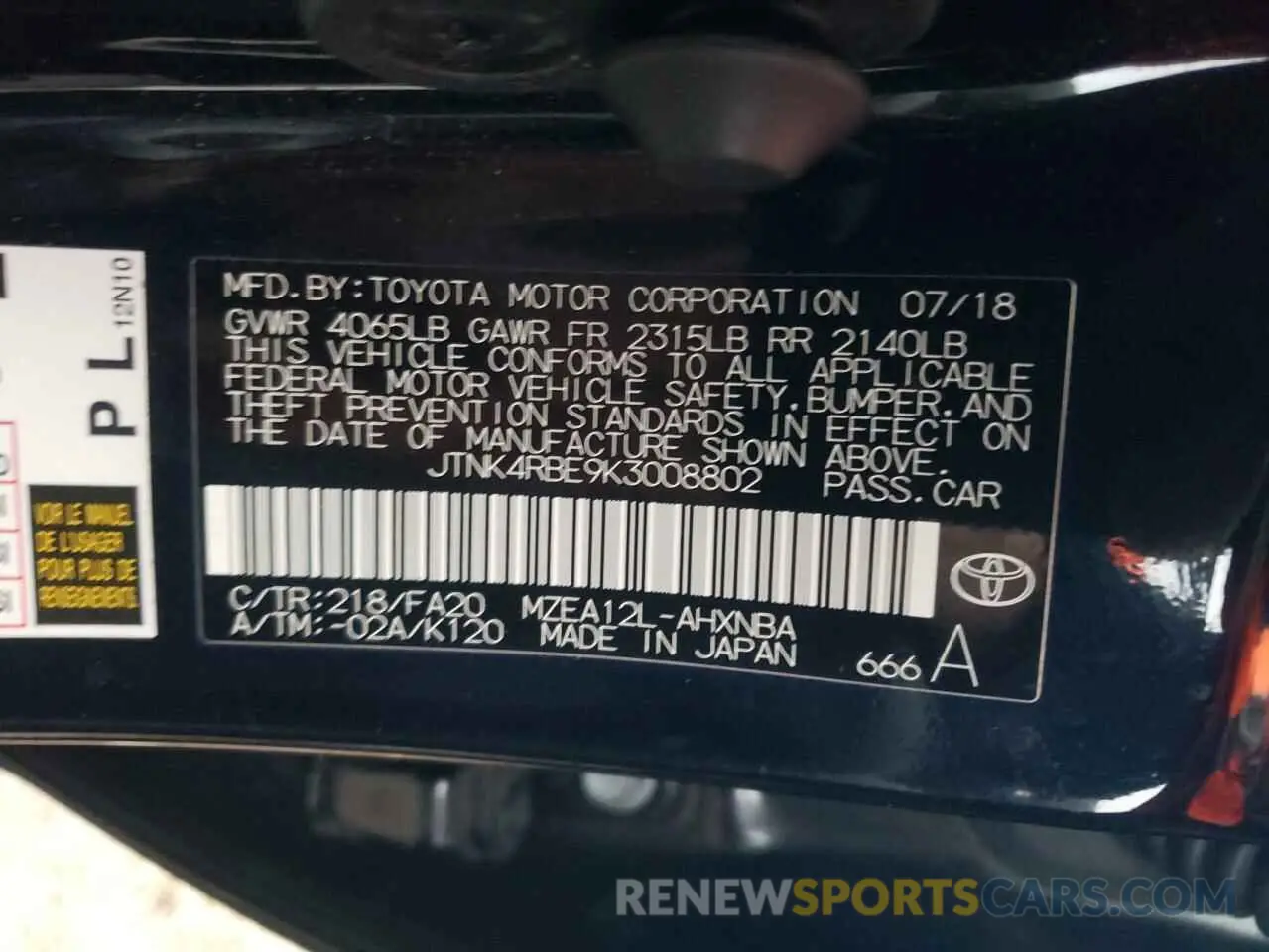 12 Photograph of a damaged car JTNK4RBE9K3008802 TOYOTA COROLLA 2019