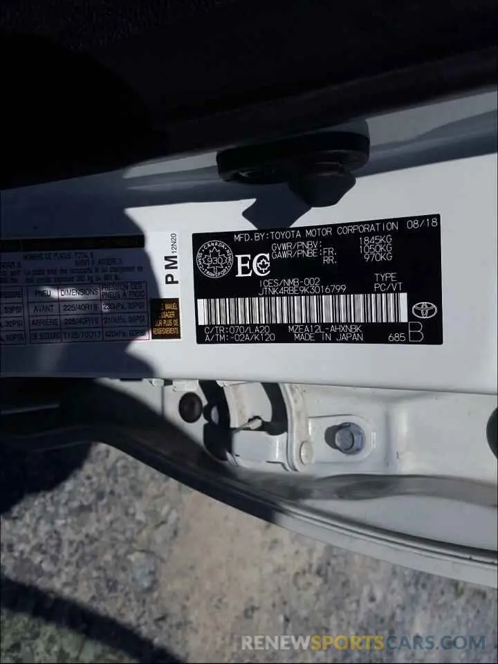 10 Photograph of a damaged car JTNK4RBE9K3016799 TOYOTA COROLLA 2019