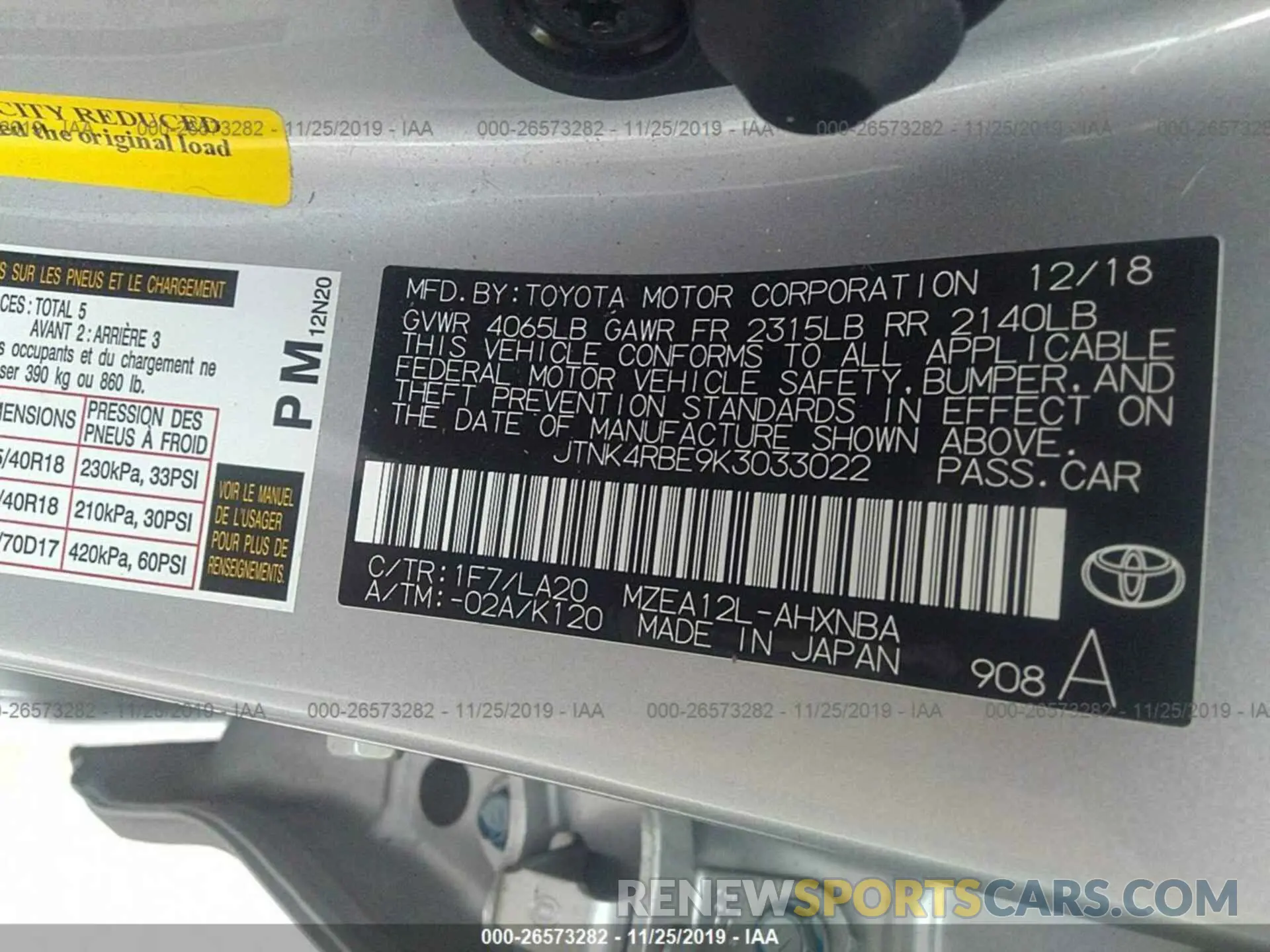 9 Photograph of a damaged car JTNK4RBE9K3033022 TOYOTA COROLLA 2019