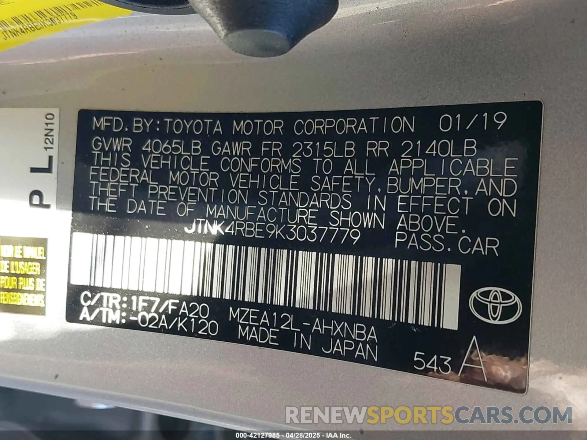 9 Photograph of a damaged car JTNK4RBE9K3037779 TOYOTA COROLLA 2019