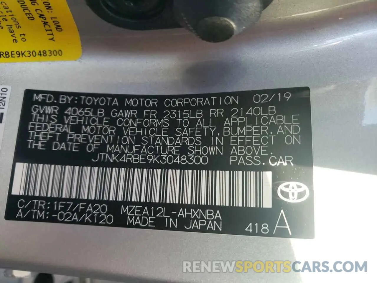 10 Фотография поврежденного автомобиля JTNK4RBE9K3048300 TOYOTA COROLLA 2019