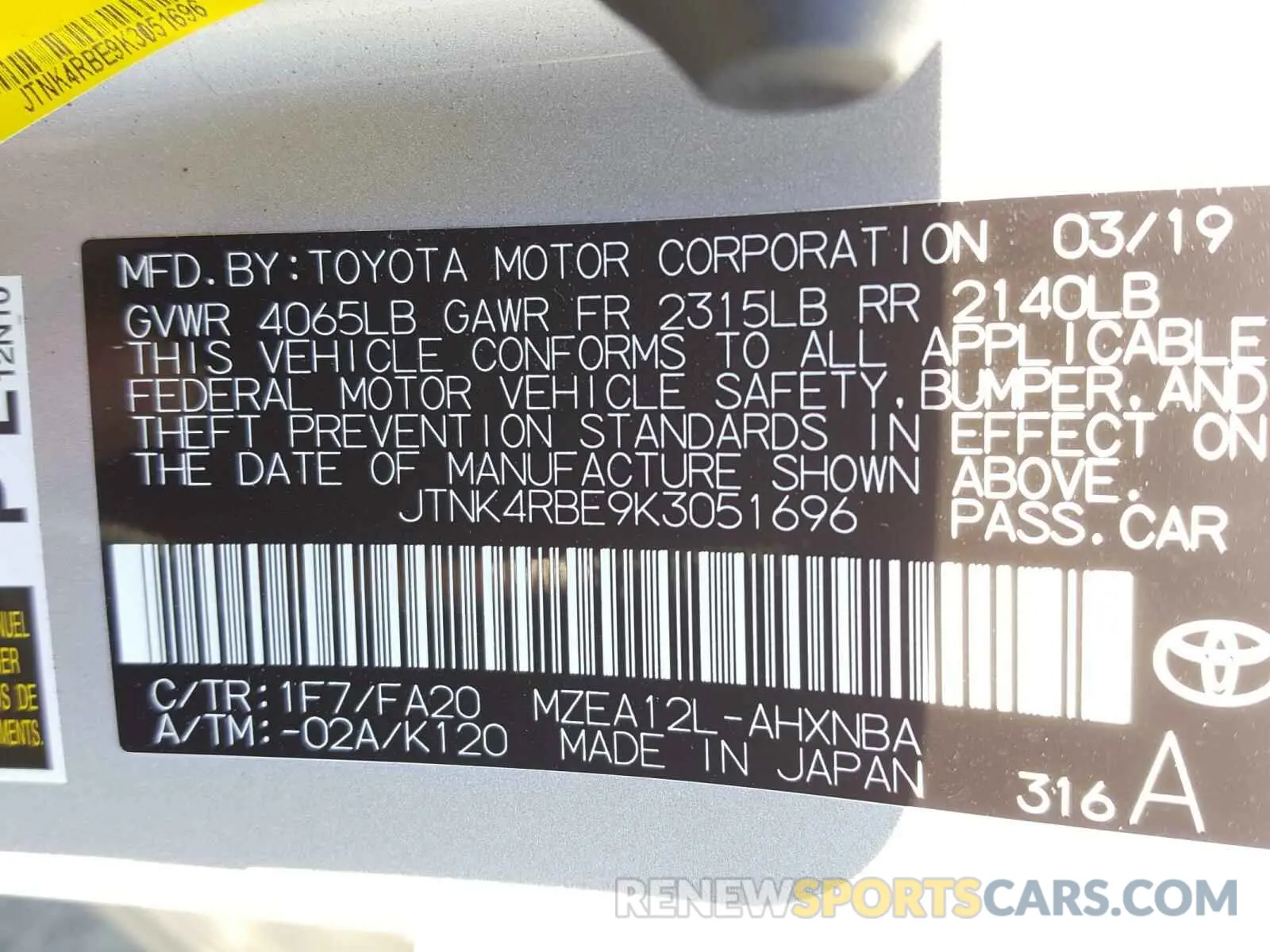 10 Photograph of a damaged car JTNK4RBE9K3051696 TOYOTA COROLLA 2019