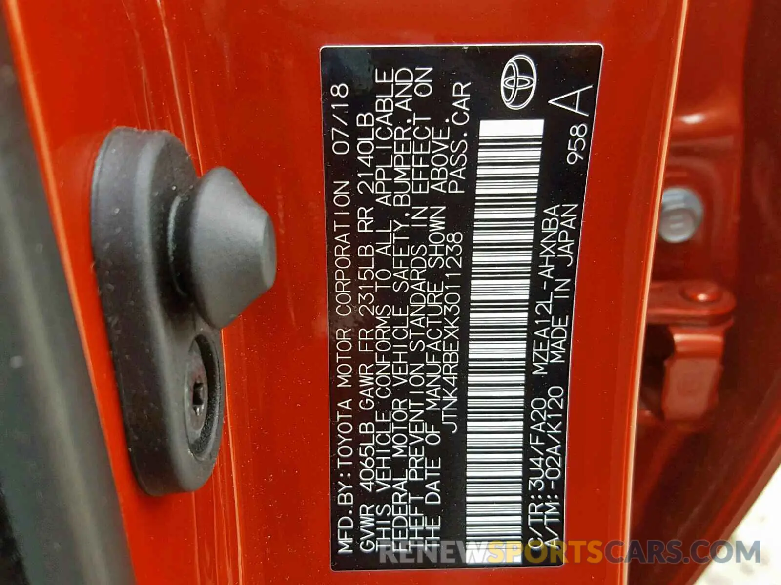 10 Photograph of a damaged car JTNK4RBEXK3011238 TOYOTA COROLLA 2019