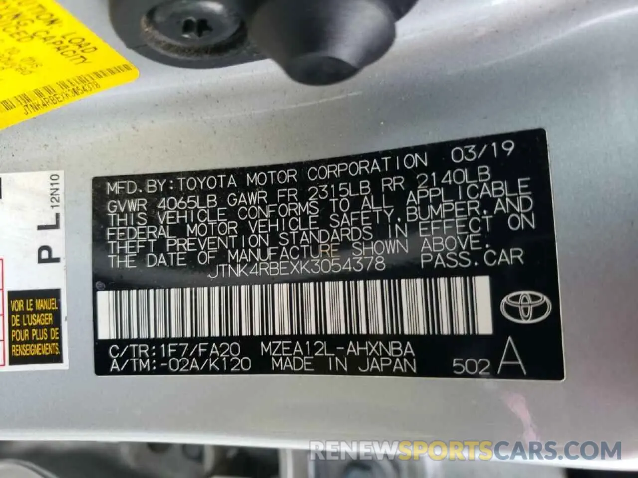 13 Photograph of a damaged car JTNK4RBEXK3054378 TOYOTA COROLLA 2019
