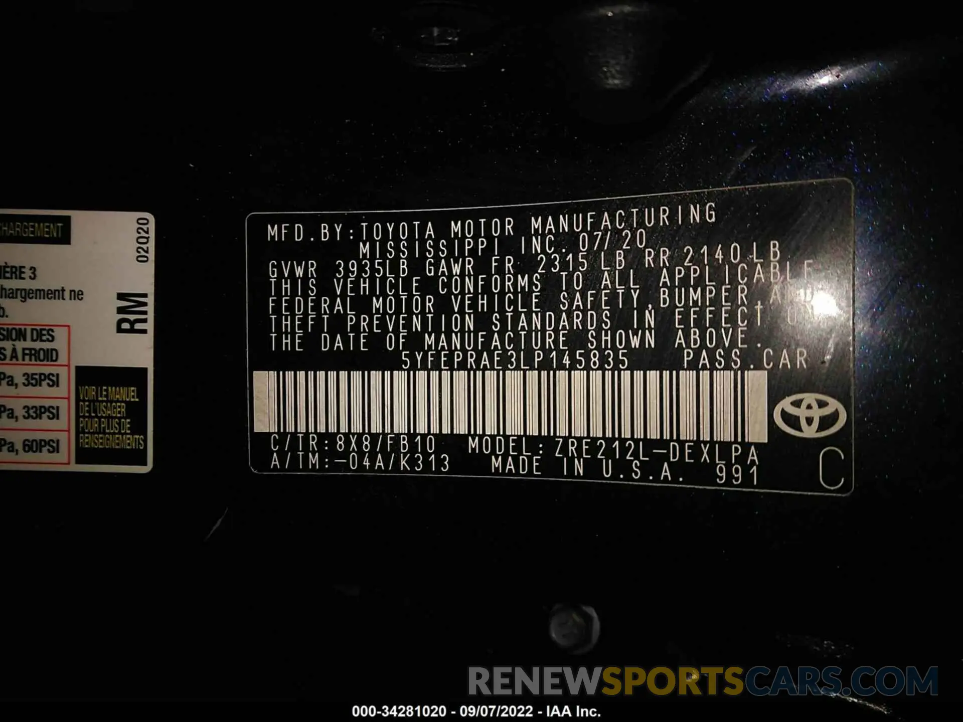 9 Photograph of a damaged car 00FEPRAE3LP145835 TOYOTA COROLLA 2020