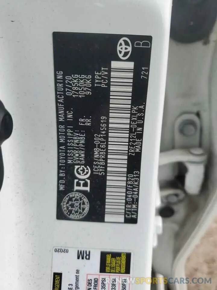 13 Фотография поврежденного автомобиля 5YFBPRBE6LP145619 TOYOTA COROLLA 2020