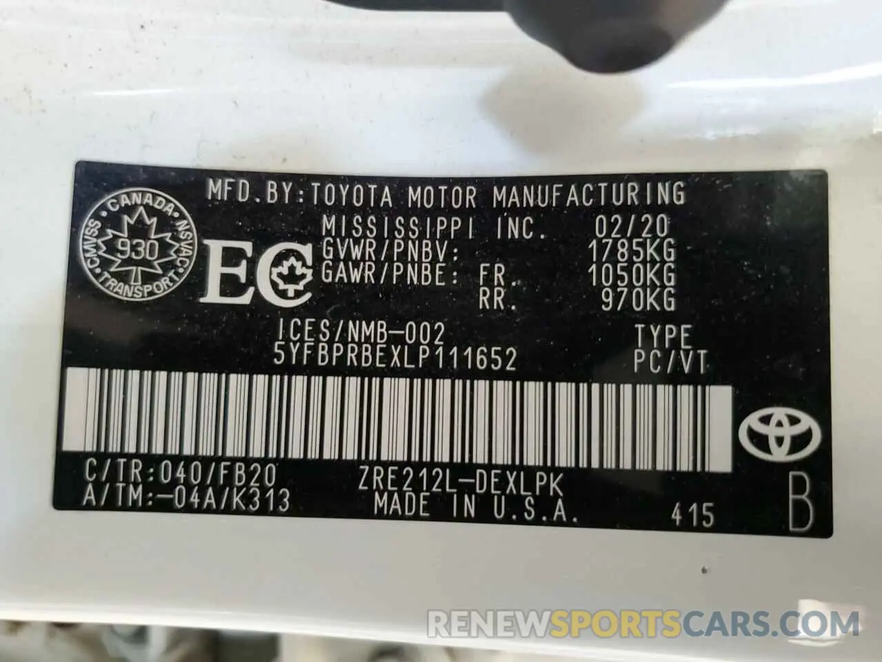 12 Фотография поврежденного автомобиля 5YFBPRBEXLP111652 TOYOTA COROLLA 2020