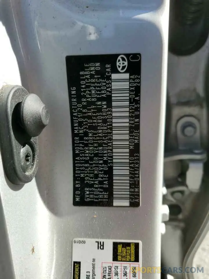 12 Фотография поврежденного автомобиля 5YFDPRAE3LP110093 TOYOTA COROLLA 2020