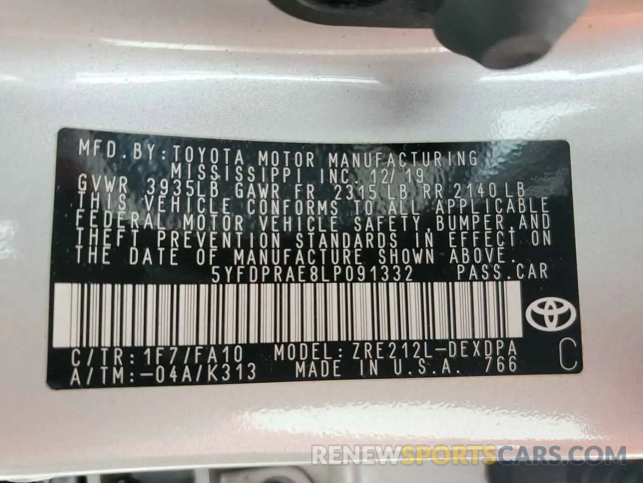 13 Photograph of a damaged car 5YFDPRAE8LP091332 TOYOTA COROLLA 2020