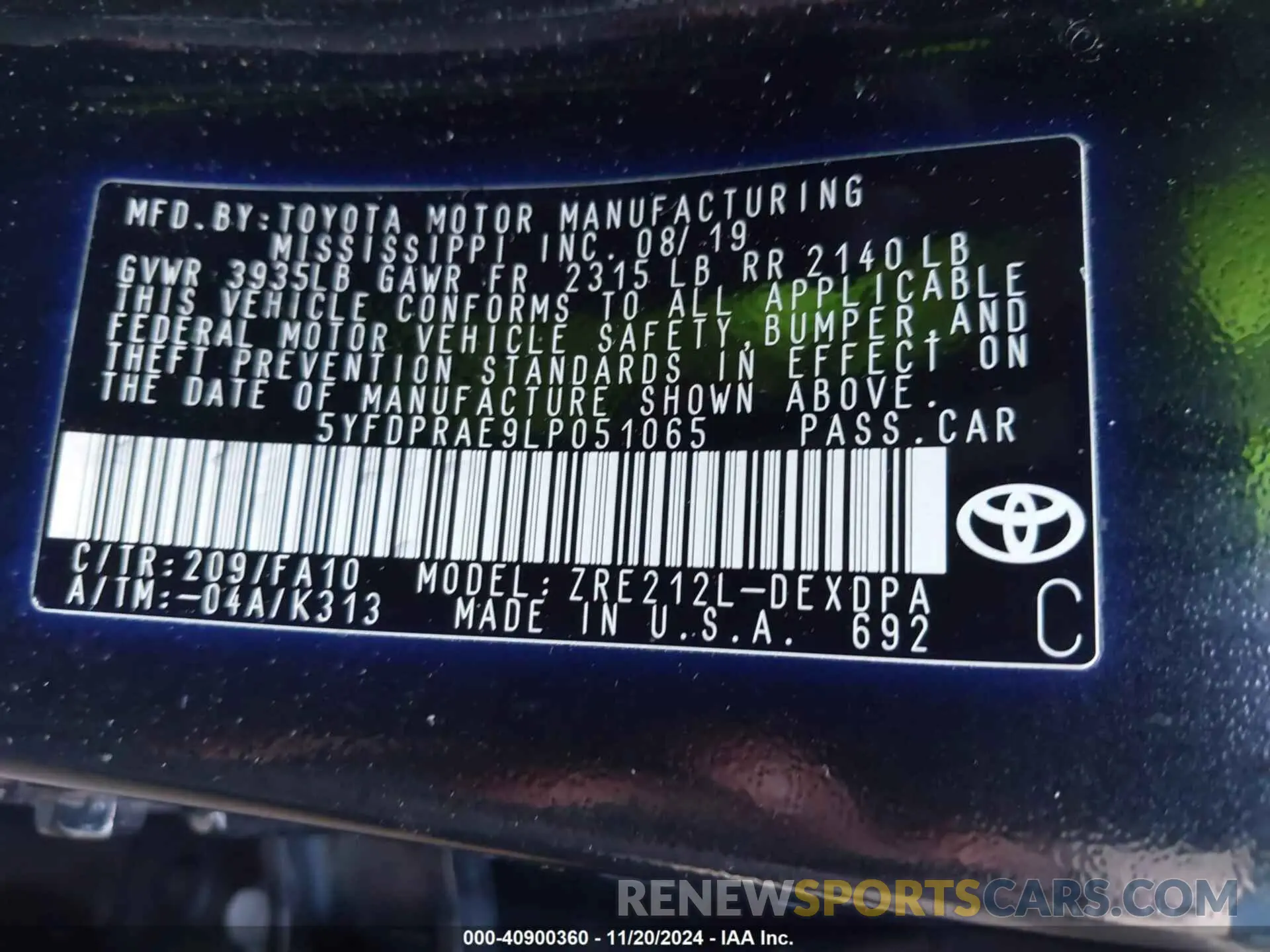 9 Фотография поврежденного автомобиля 5YFDPRAE9LP051065 TOYOTA COROLLA 2020