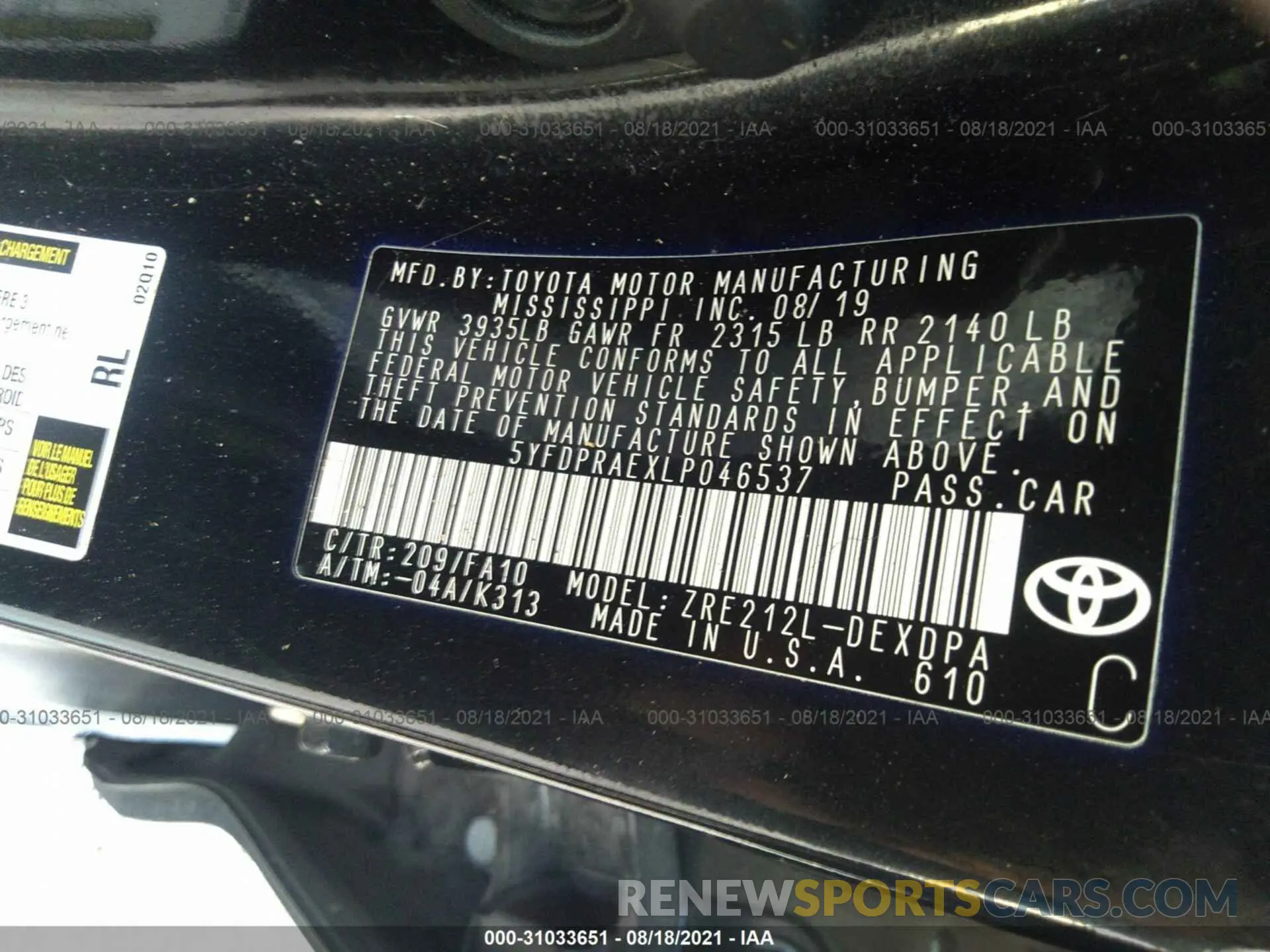 9 Photograph of a damaged car 5YFDPRAEXLP046537 TOYOTA COROLLA 2020