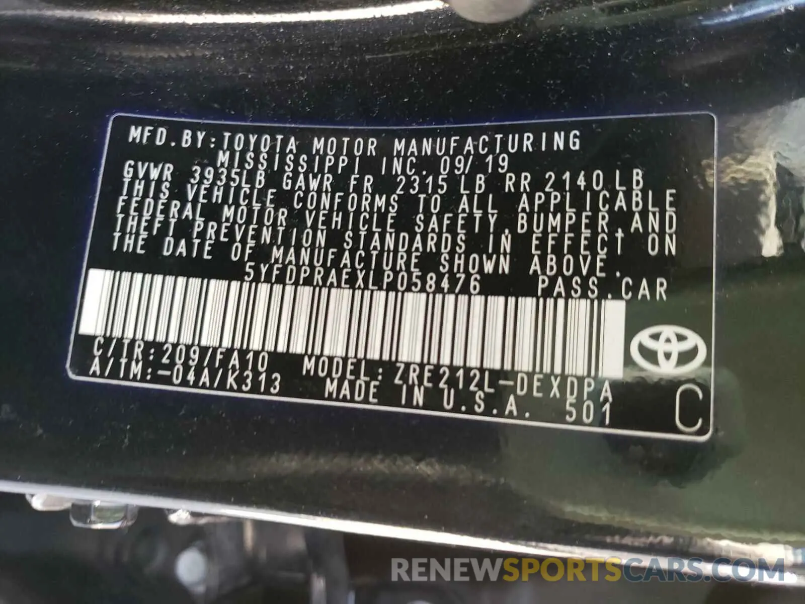 10 Photograph of a damaged car 5YFDPRAEXLP058476 TOYOTA COROLLA 2020
