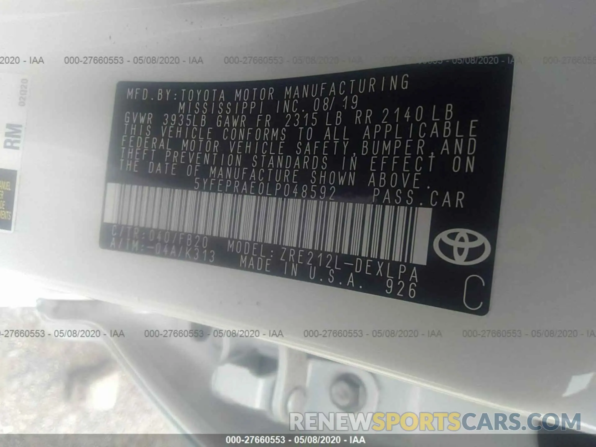 9 Photograph of a damaged car 5YFEPRAE0LP048592 TOYOTA COROLLA 2020