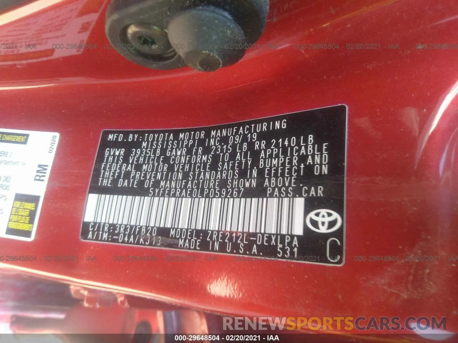 9 Photograph of a damaged car 5YFEPRAE0LP059267 TOYOTA COROLLA 2020