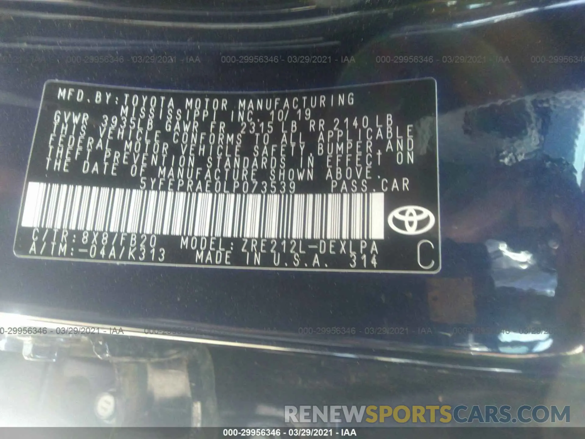9 Photograph of a damaged car 5YFEPRAE0LP073539 TOYOTA COROLLA 2020