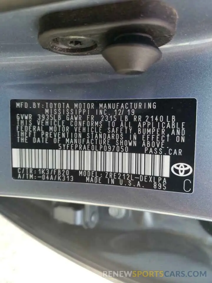 10 Photograph of a damaged car 5YFEPRAE0LP097050 TOYOTA COROLLA 2020