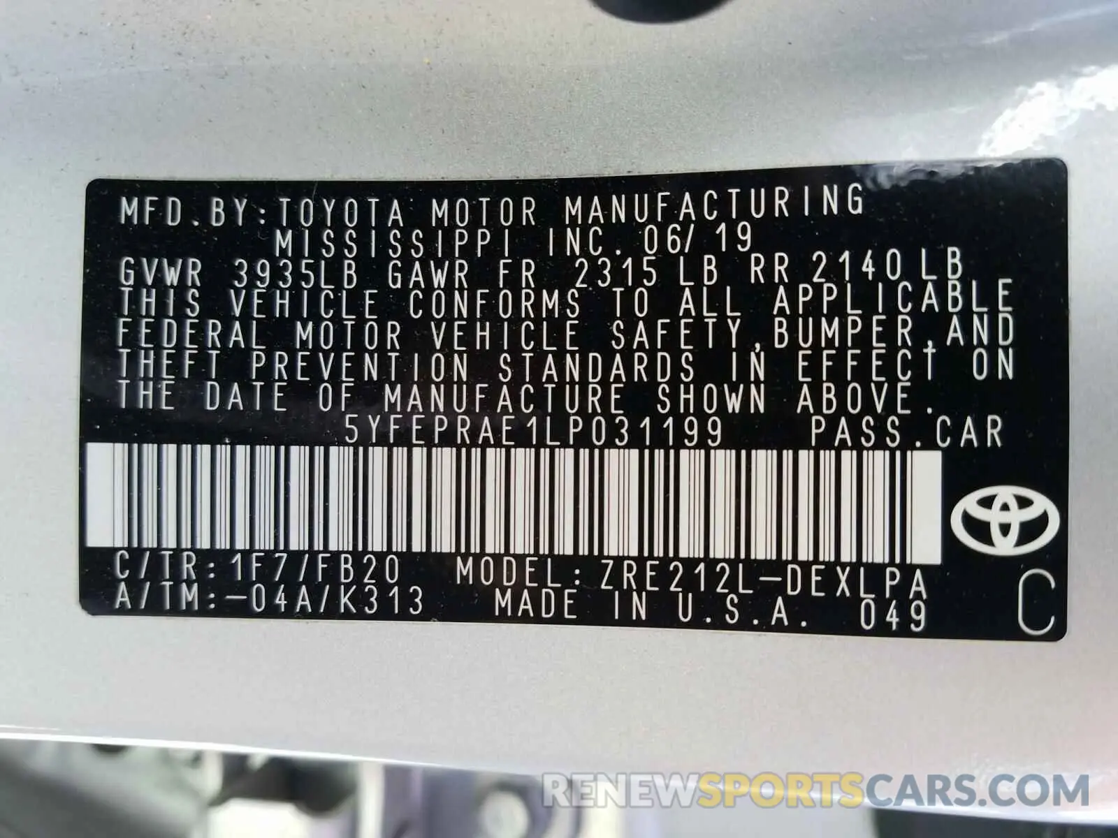 10 Photograph of a damaged car 5YFEPRAE1LP031199 TOYOTA COROLLA 2020