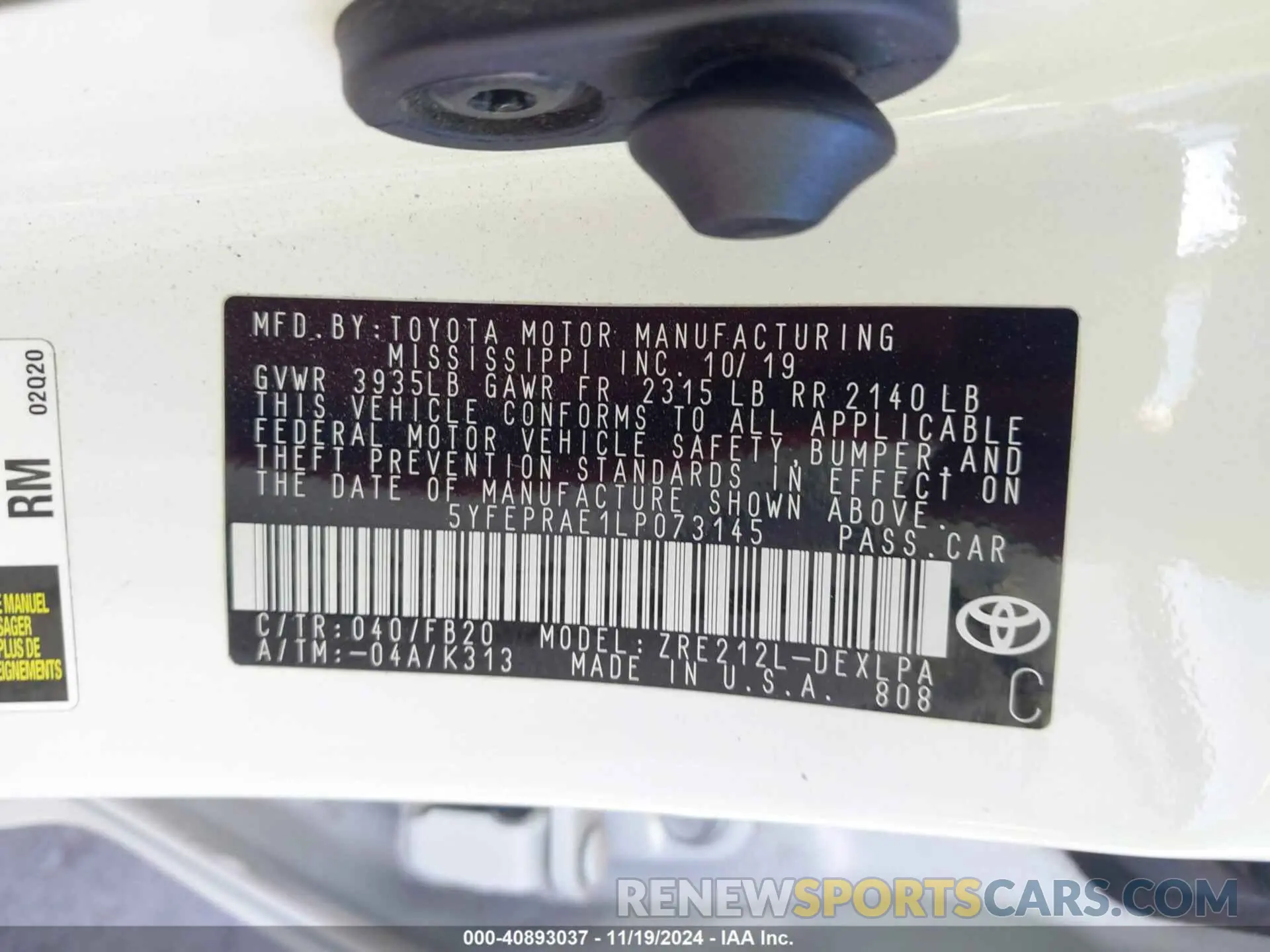 9 Фотография поврежденного автомобиля 5YFEPRAE1LP073145 TOYOTA COROLLA 2020