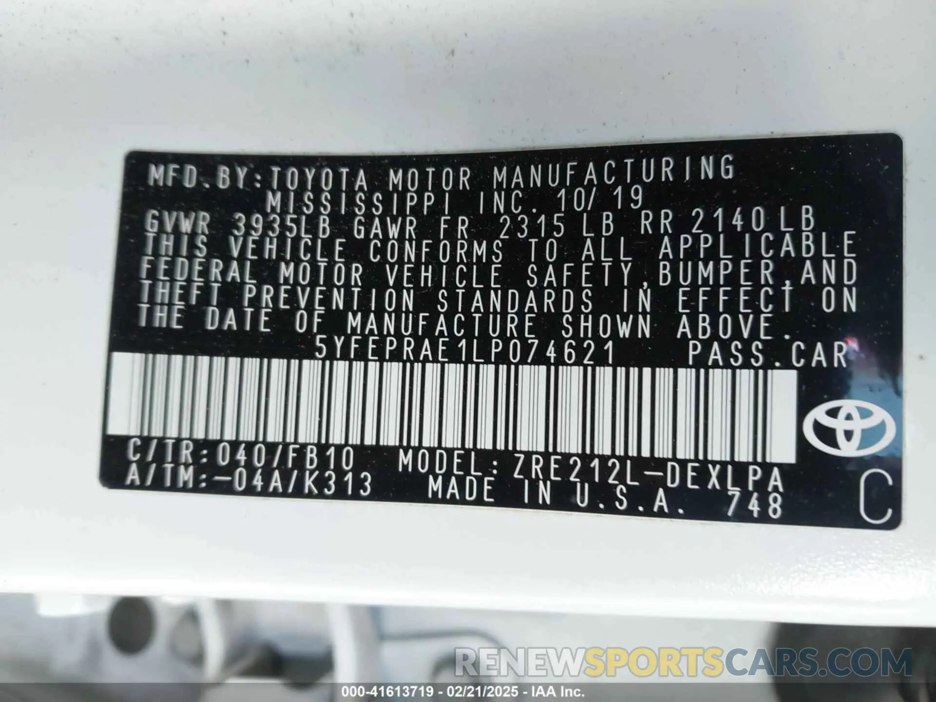 9 Photograph of a damaged car 5YFEPRAE1LP074621 TOYOTA COROLLA 2020