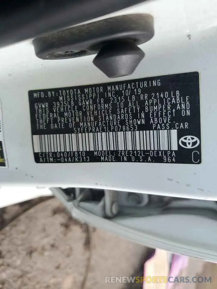 12 Photograph of a damaged car 5YFEPRAE1LP078653 TOYOTA COROLLA 2020