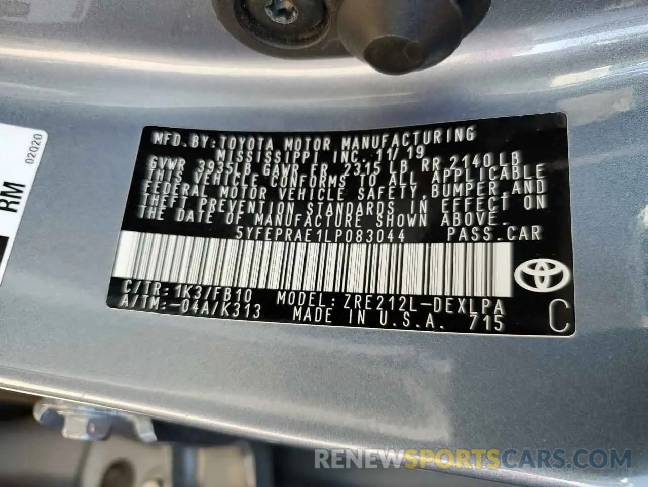12 Photograph of a damaged car 5YFEPRAE1LP083044 TOYOTA COROLLA 2020