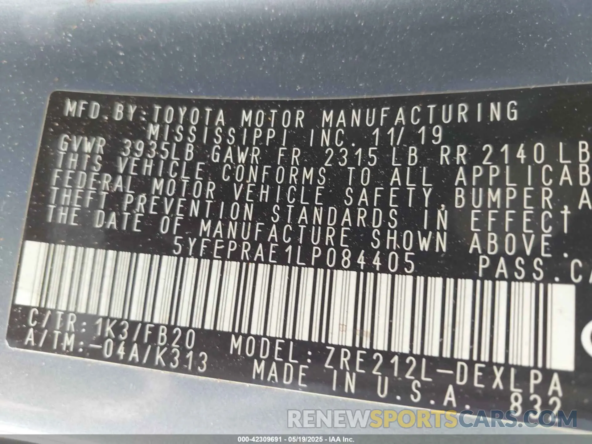 9 Photograph of a damaged car 5YFEPRAE1LP084405 TOYOTA COROLLA 2020