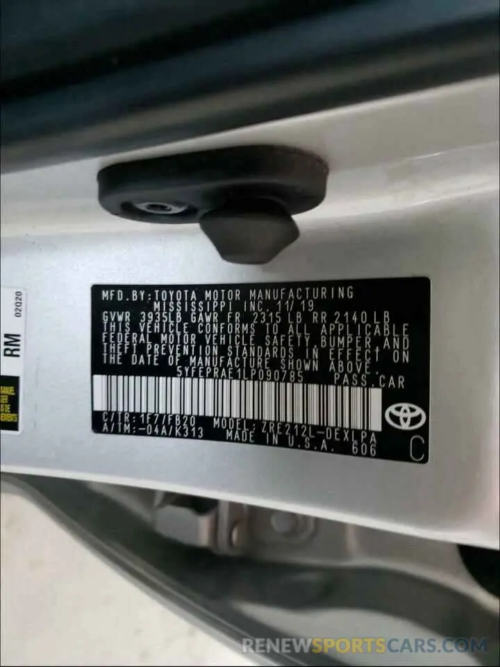 10 Photograph of a damaged car 5YFEPRAE1LP090785 TOYOTA COROLLA 2020
