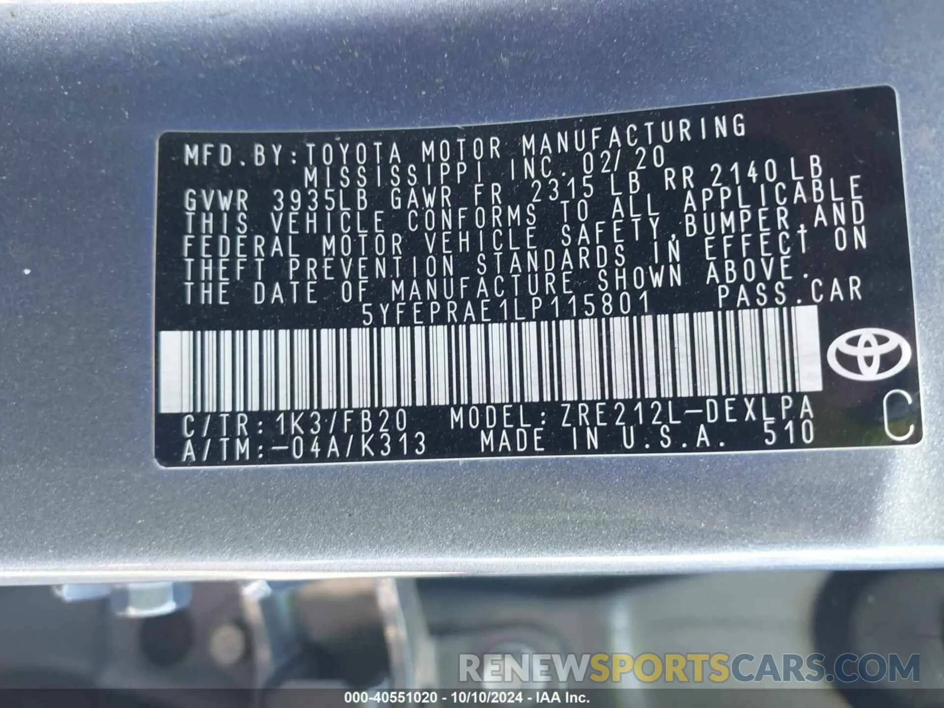 9 Фотография поврежденного автомобиля 5YFEPRAE1LP115801 TOYOTA COROLLA 2020