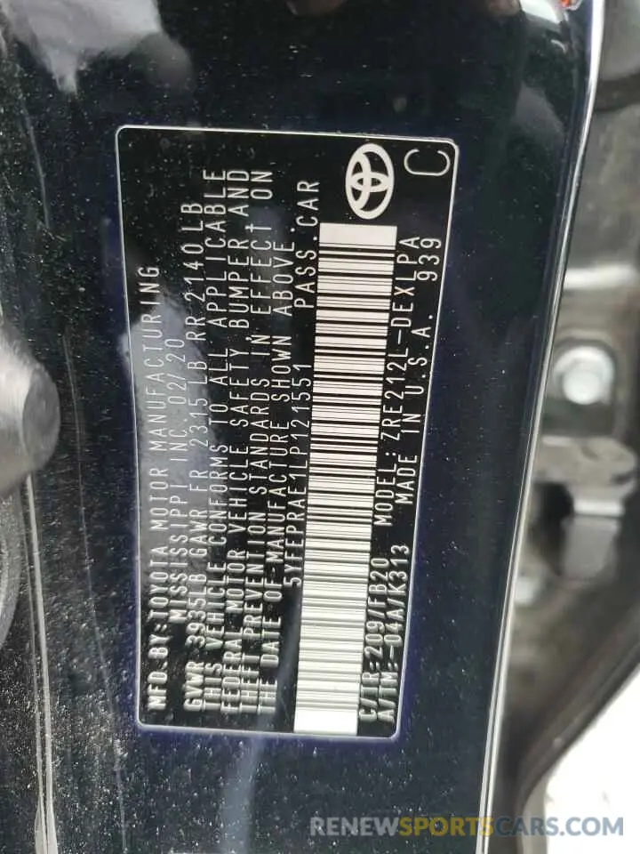 12 Фотография поврежденного автомобиля 5YFEPRAE1LP121551 TOYOTA COROLLA 2020