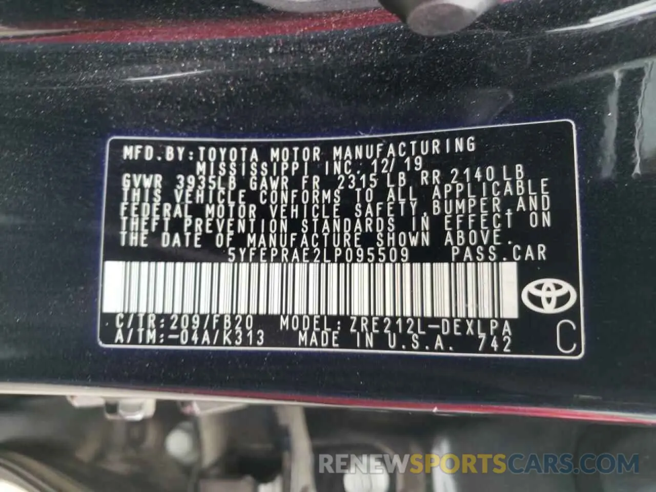 10 Photograph of a damaged car 5YFEPRAE2LP095509 TOYOTA COROLLA 2020