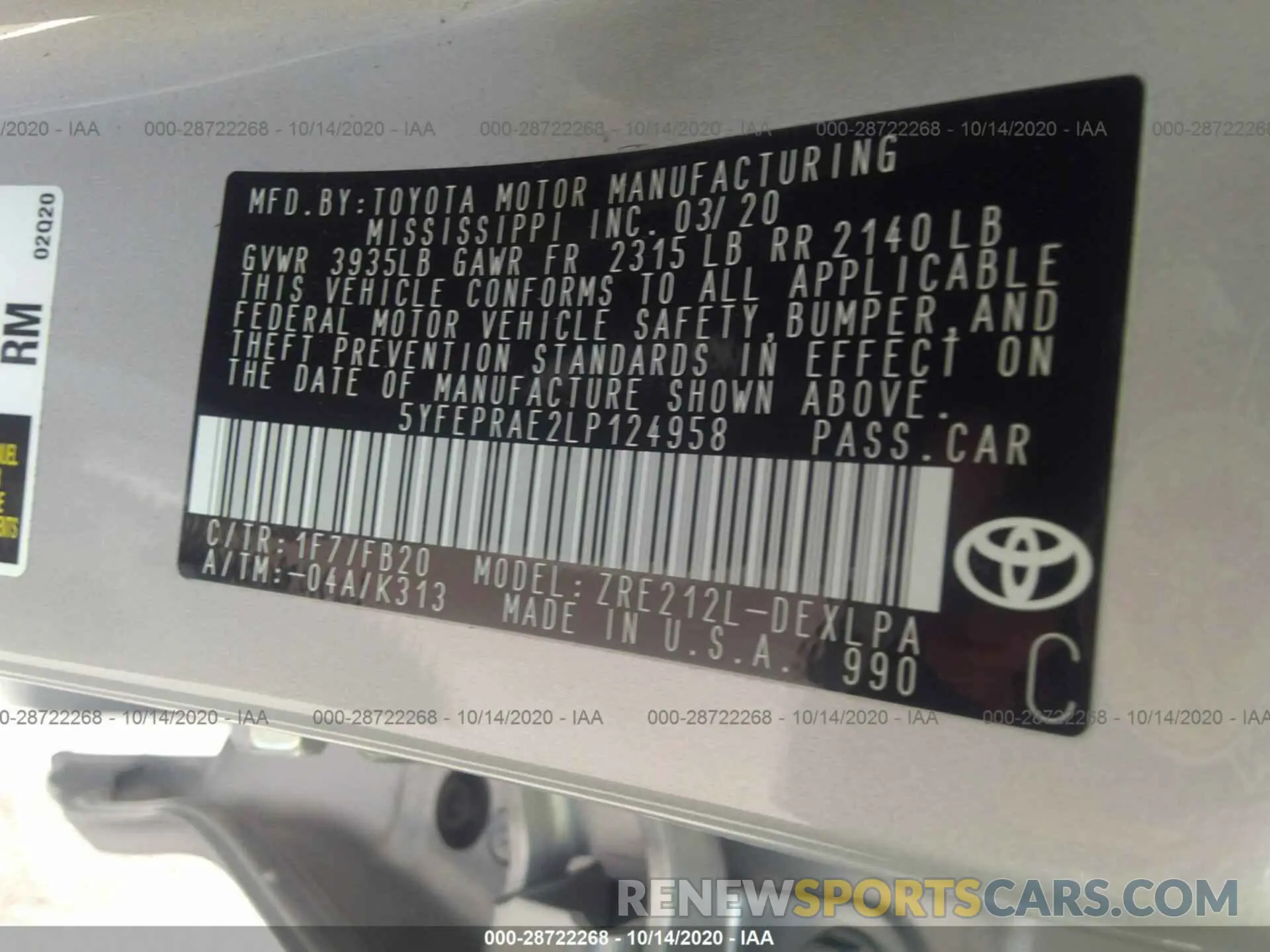 9 Photograph of a damaged car 5YFEPRAE2LP124958 TOYOTA COROLLA 2020
