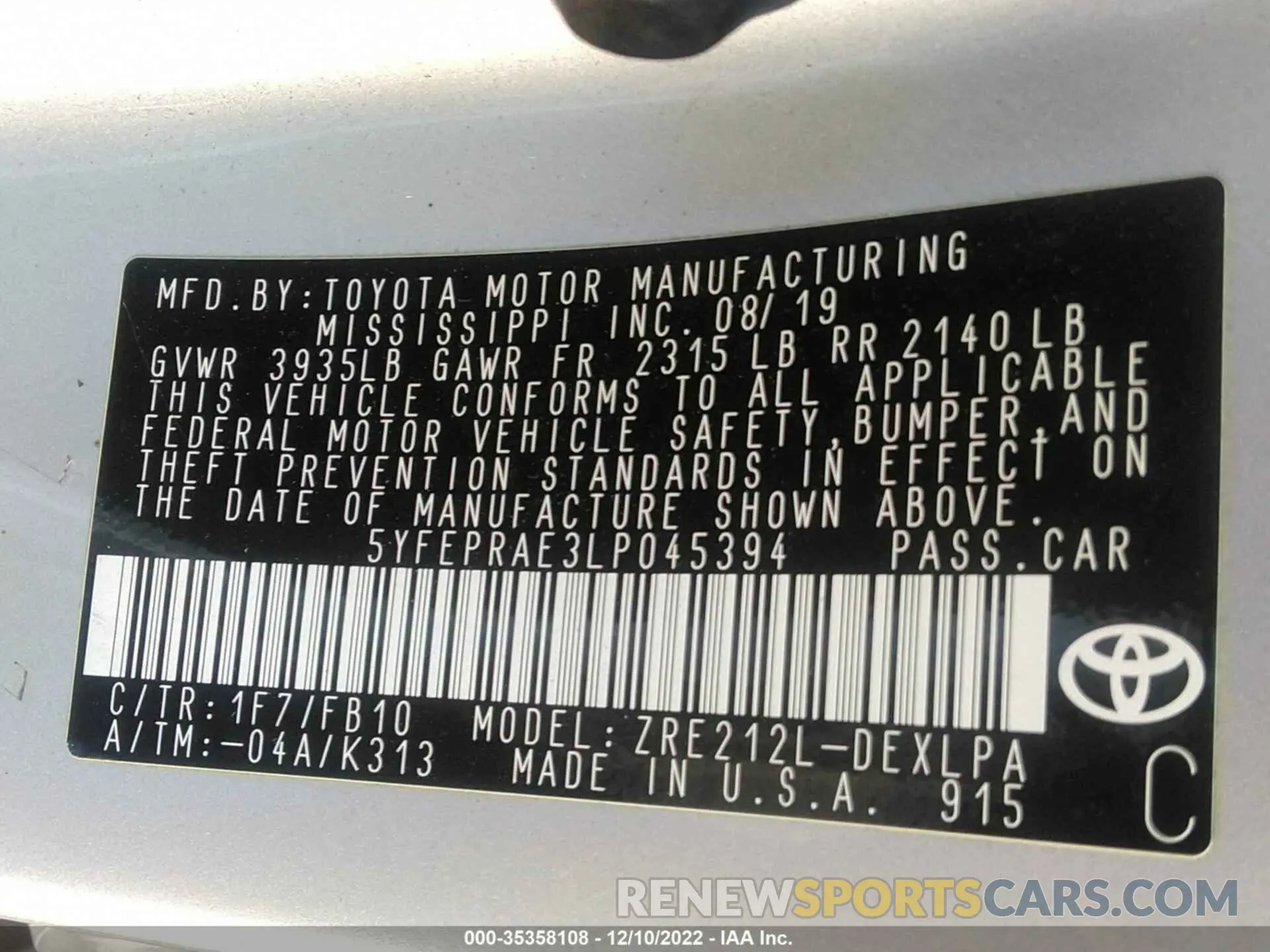9 Фотография поврежденного автомобиля 5YFEPRAE3LP045394 TOYOTA COROLLA 2020