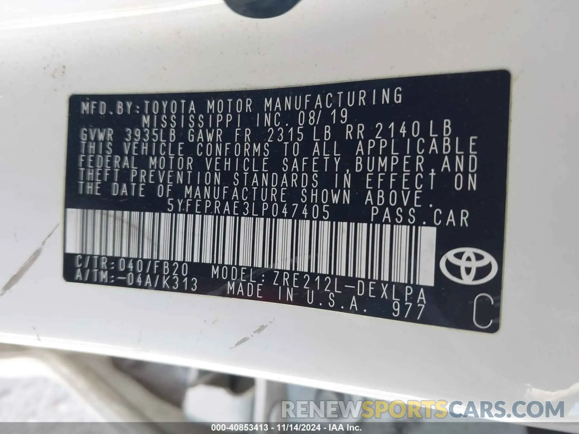9 Фотография поврежденного автомобиля 5YFEPRAE3LP047405 TOYOTA COROLLA 2020