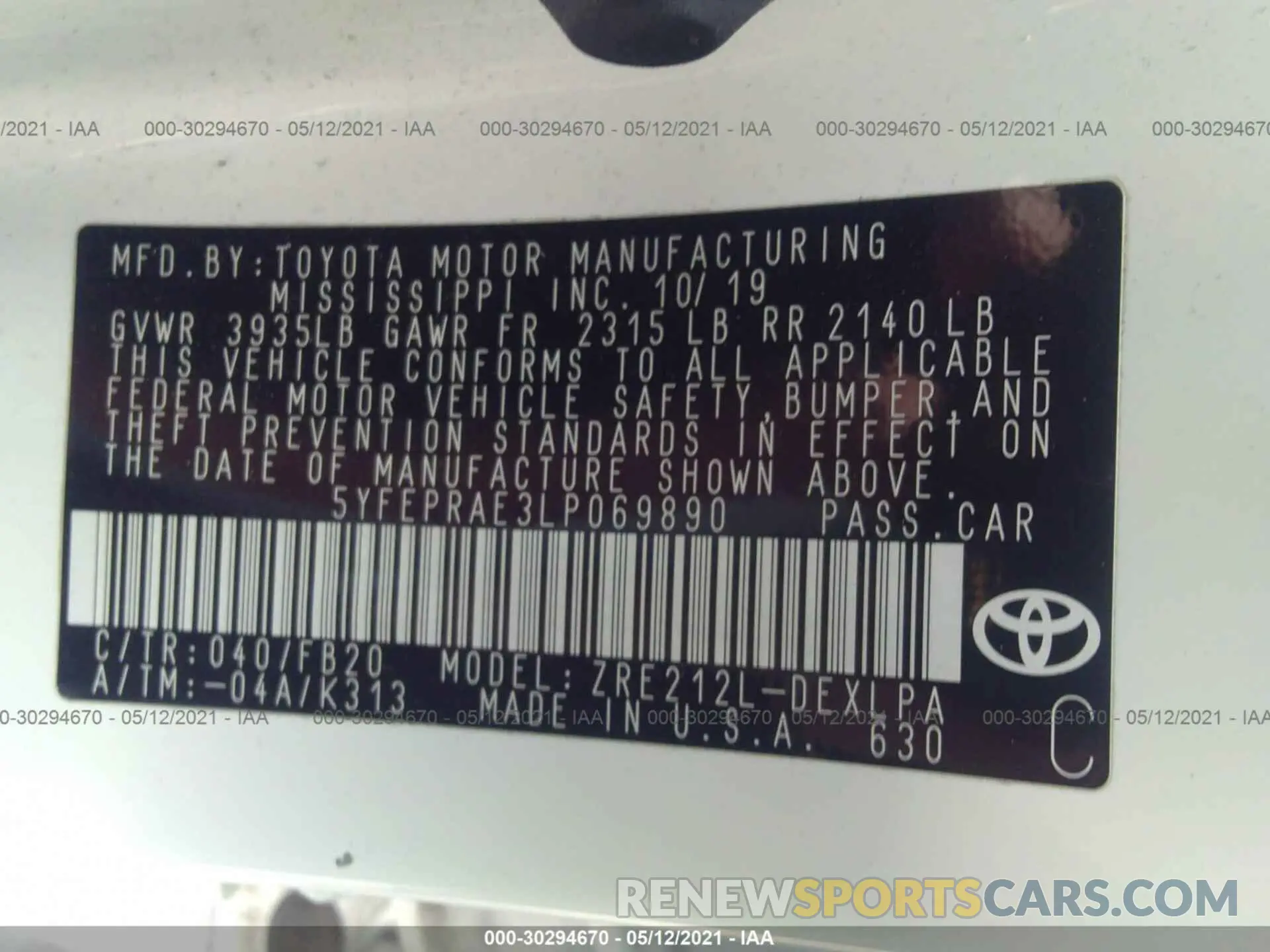 9 Photograph of a damaged car 5YFEPRAE3LP069890 TOYOTA COROLLA 2020