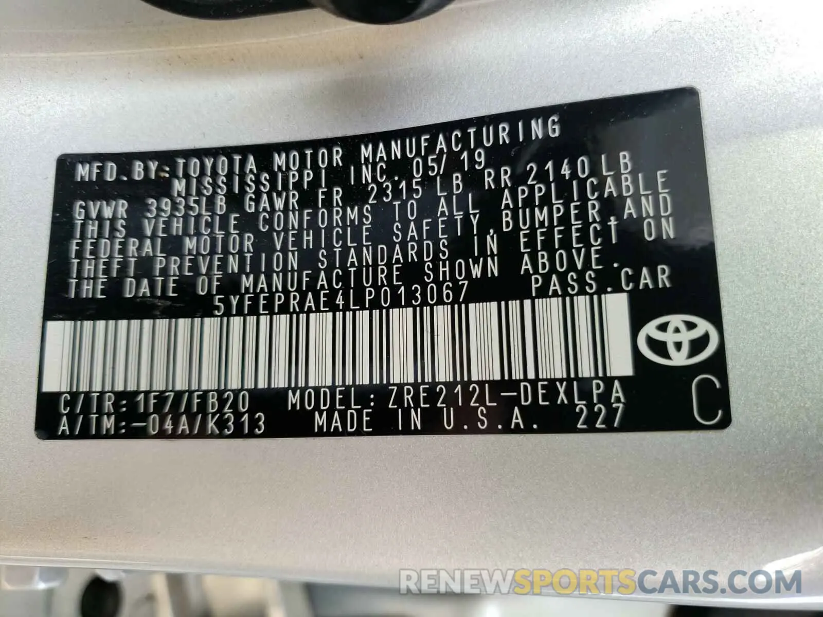 10 Photograph of a damaged car 5YFEPRAE4LP013067 TOYOTA COROLLA 2020