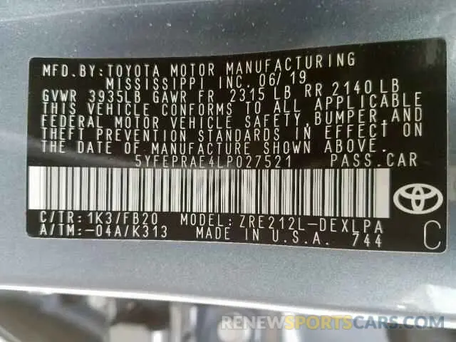 10 Photograph of a damaged car 5YFEPRAE4LP027521 TOYOTA COROLLA 2020