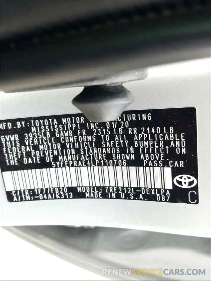 10 Photograph of a damaged car 5YFEPRAE4LP110706 TOYOTA COROLLA 2020