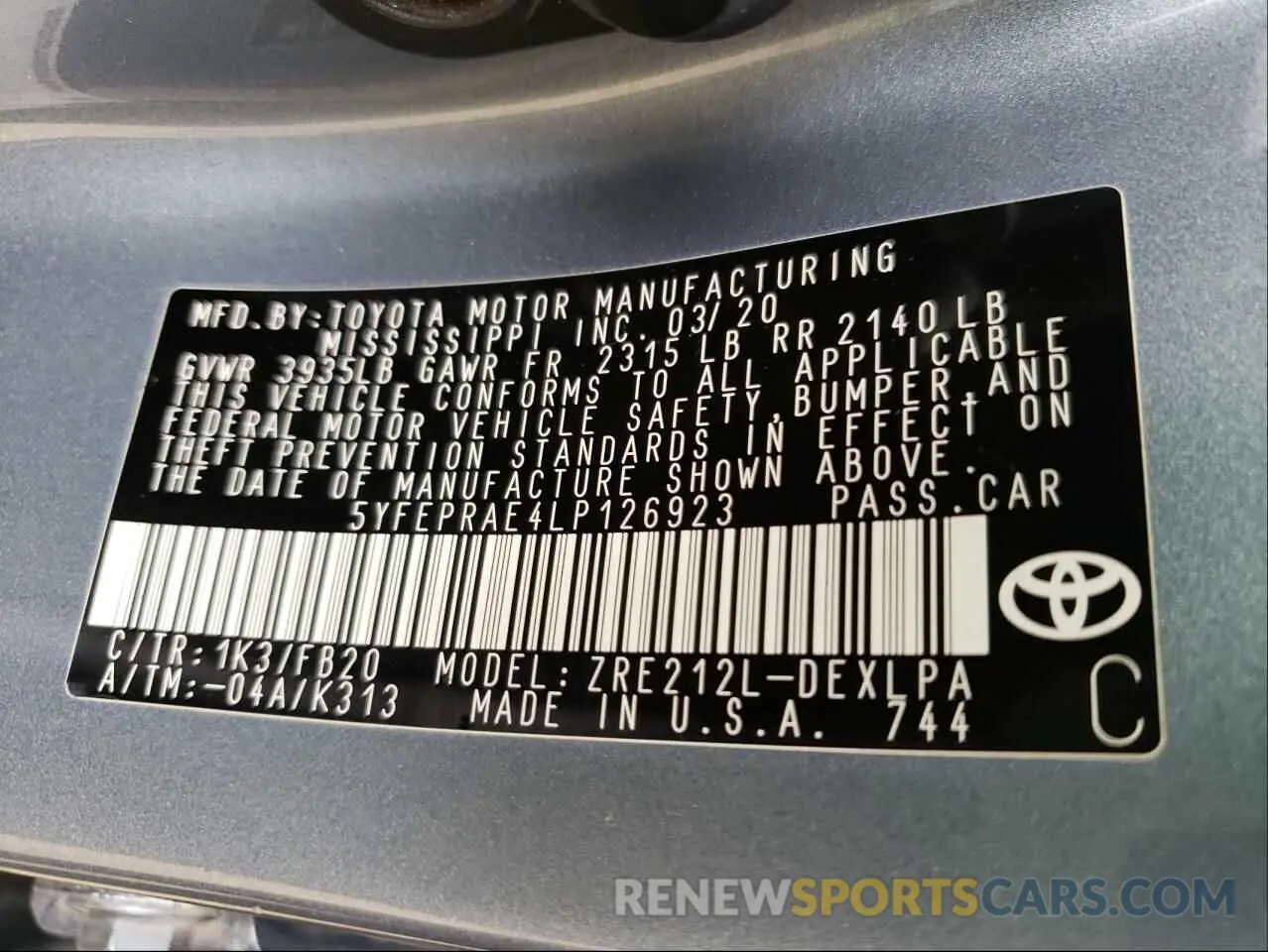 10 Photograph of a damaged car 5YFEPRAE4LP126923 TOYOTA COROLLA 2020