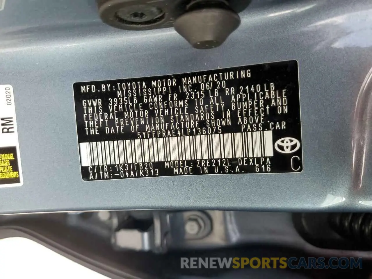 12 Фотография поврежденного автомобиля 5YFEPRAE4LP136075 TOYOTA COROLLA 2020