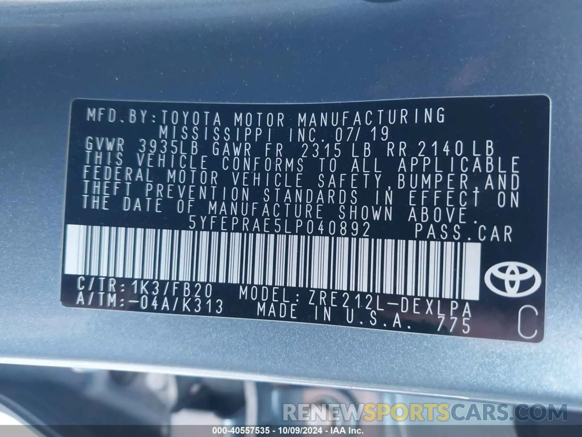 9 Фотография поврежденного автомобиля 5YFEPRAE5LP040892 TOYOTA COROLLA 2020