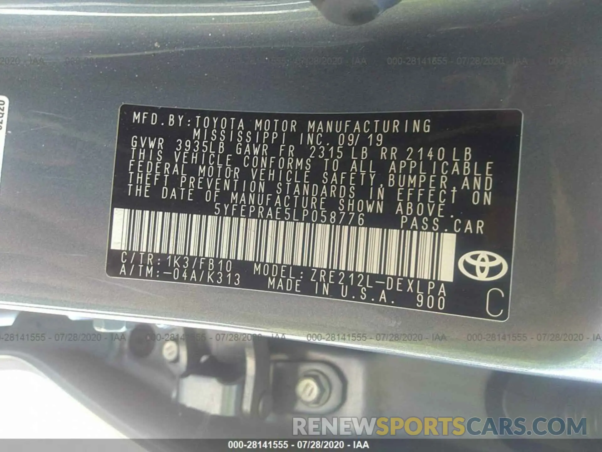 9 Photograph of a damaged car 5YFEPRAE5LP058776 TOYOTA COROLLA 2020