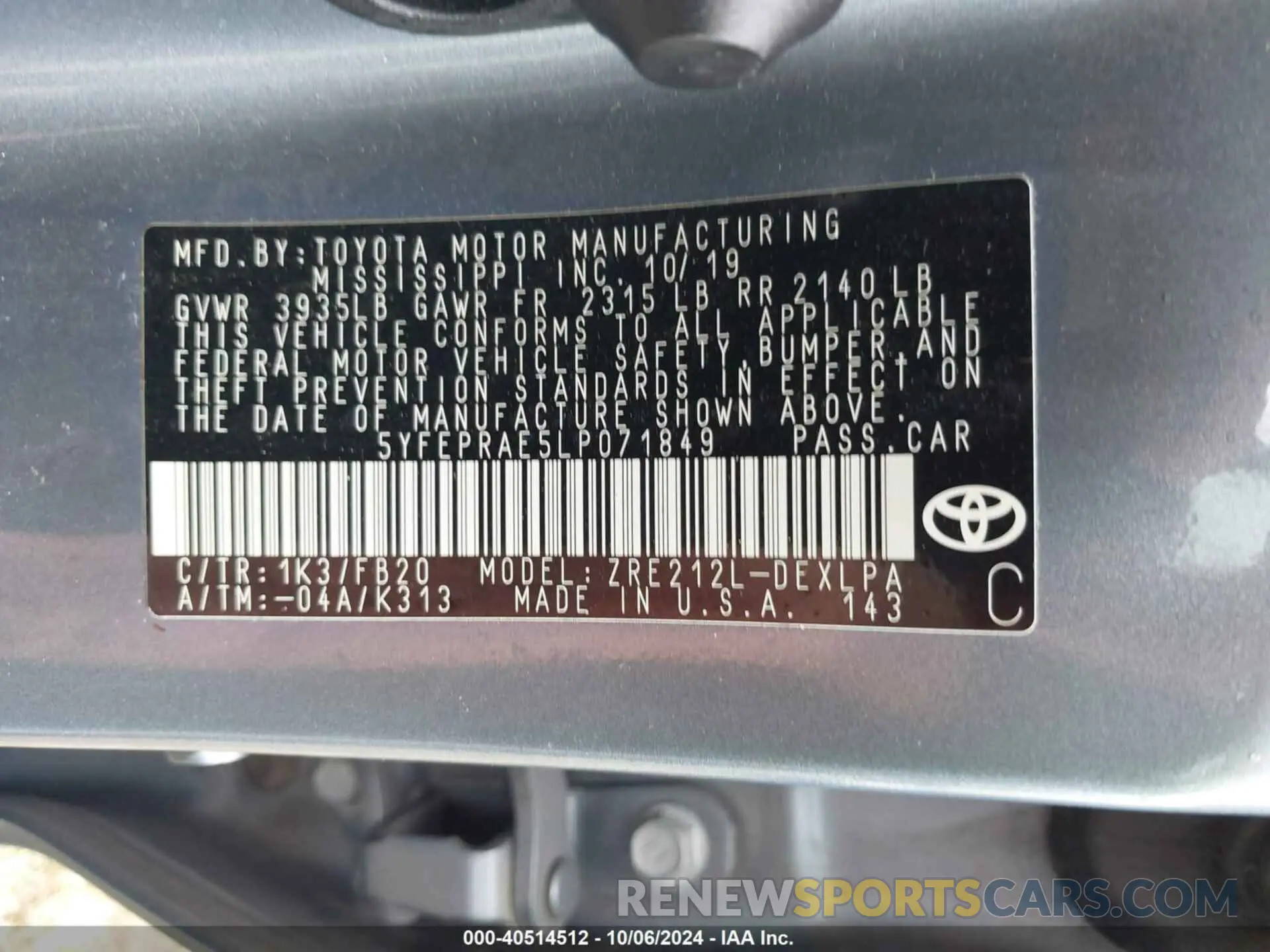 9 Фотография поврежденного автомобиля 5YFEPRAE5LP071849 TOYOTA COROLLA 2020