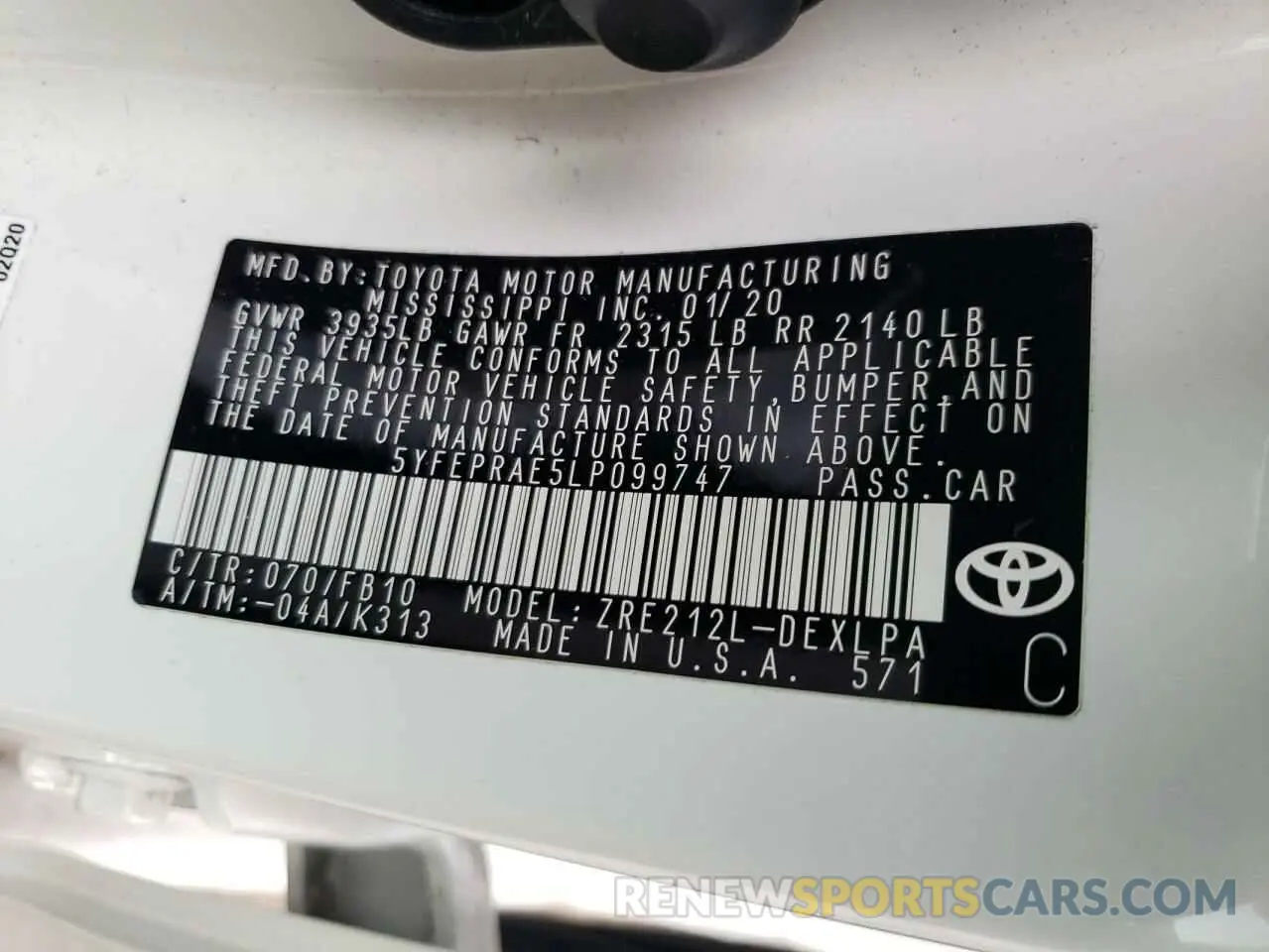 10 Photograph of a damaged car 5YFEPRAE5LP099747 TOYOTA COROLLA 2020