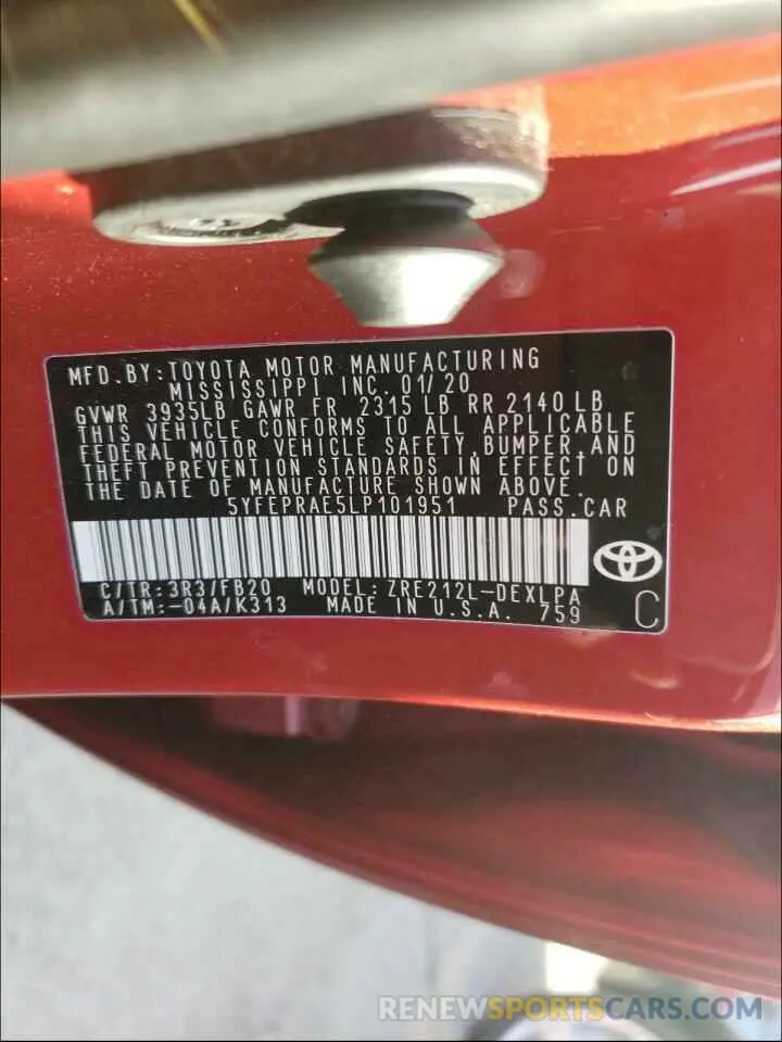 10 Photograph of a damaged car 5YFEPRAE5LP101951 TOYOTA COROLLA 2020