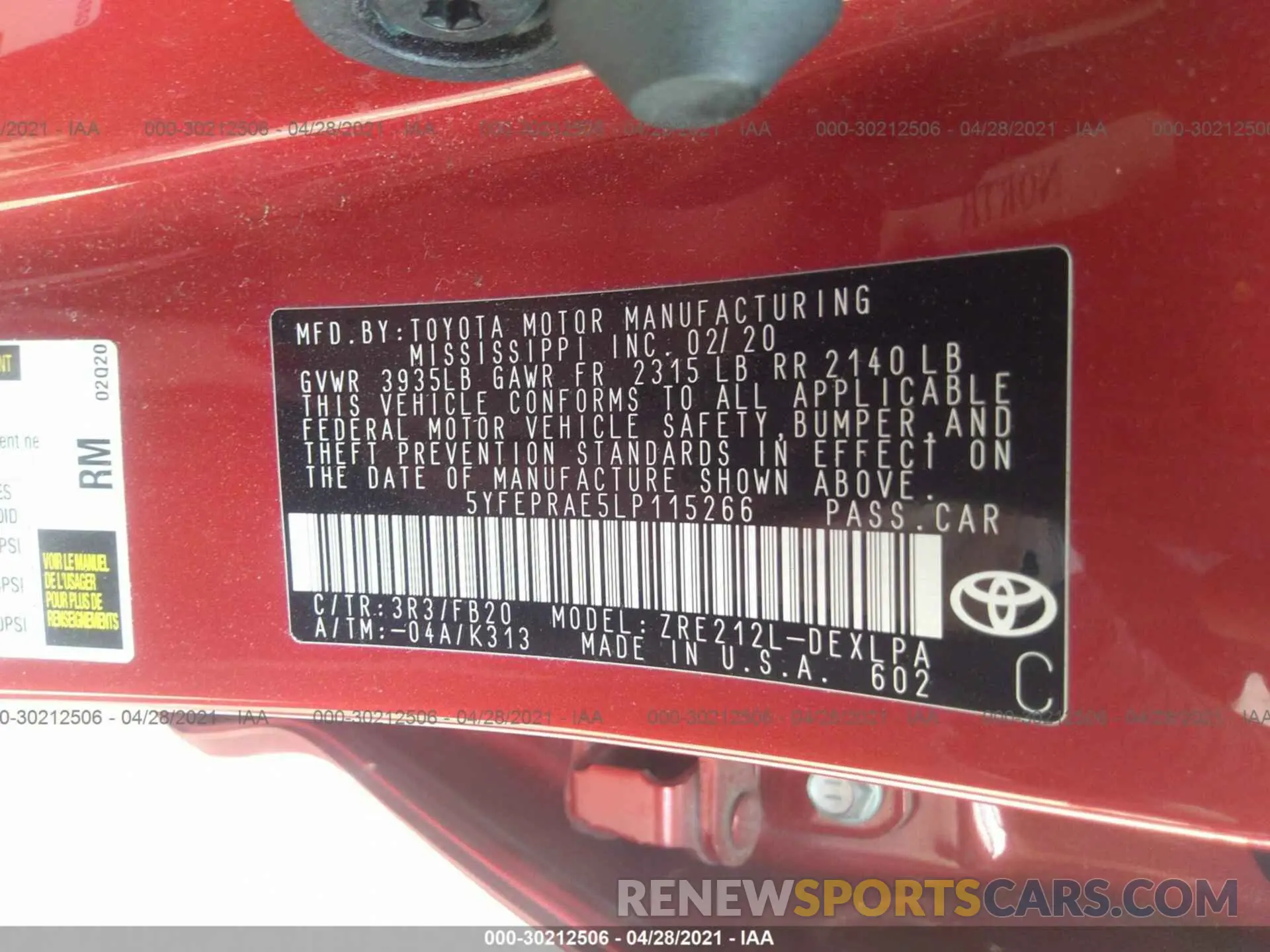 9 Photograph of a damaged car 5YFEPRAE5LP115266 TOYOTA COROLLA 2020
