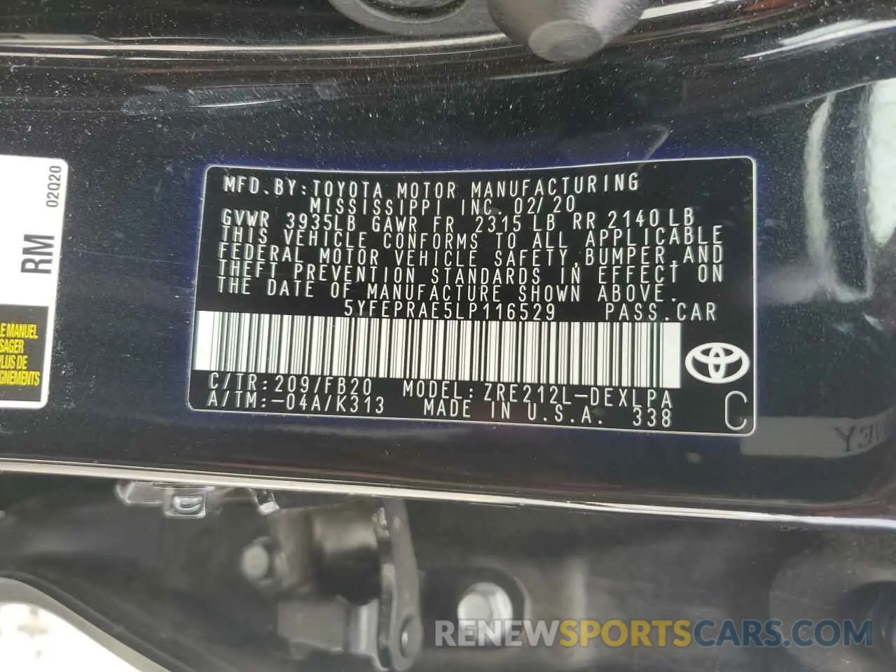 13 Photograph of a damaged car 5YFEPRAE5LP116529 TOYOTA COROLLA 2020