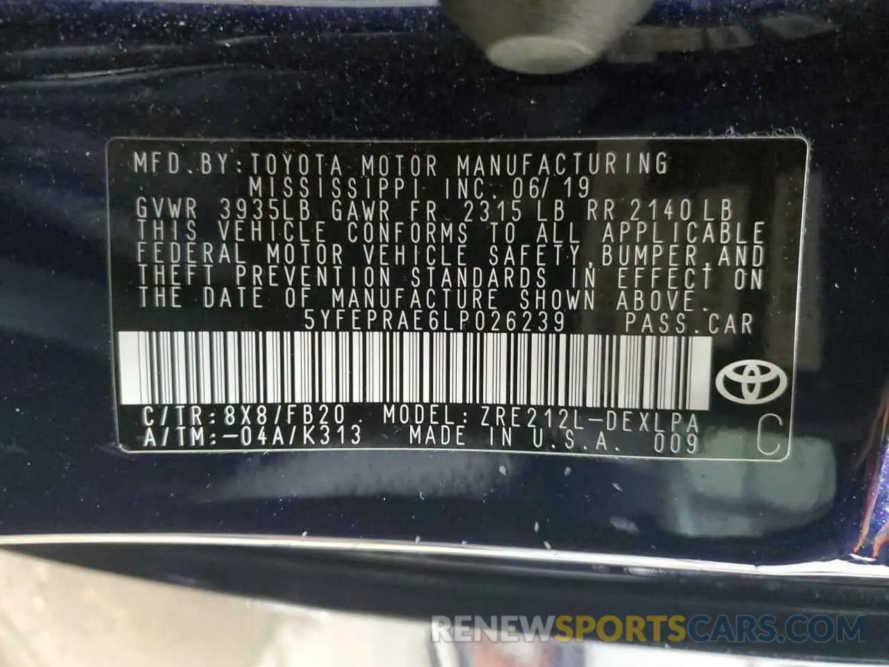 12 Photograph of a damaged car 5YFEPRAE6LP026239 TOYOTA COROLLA 2020