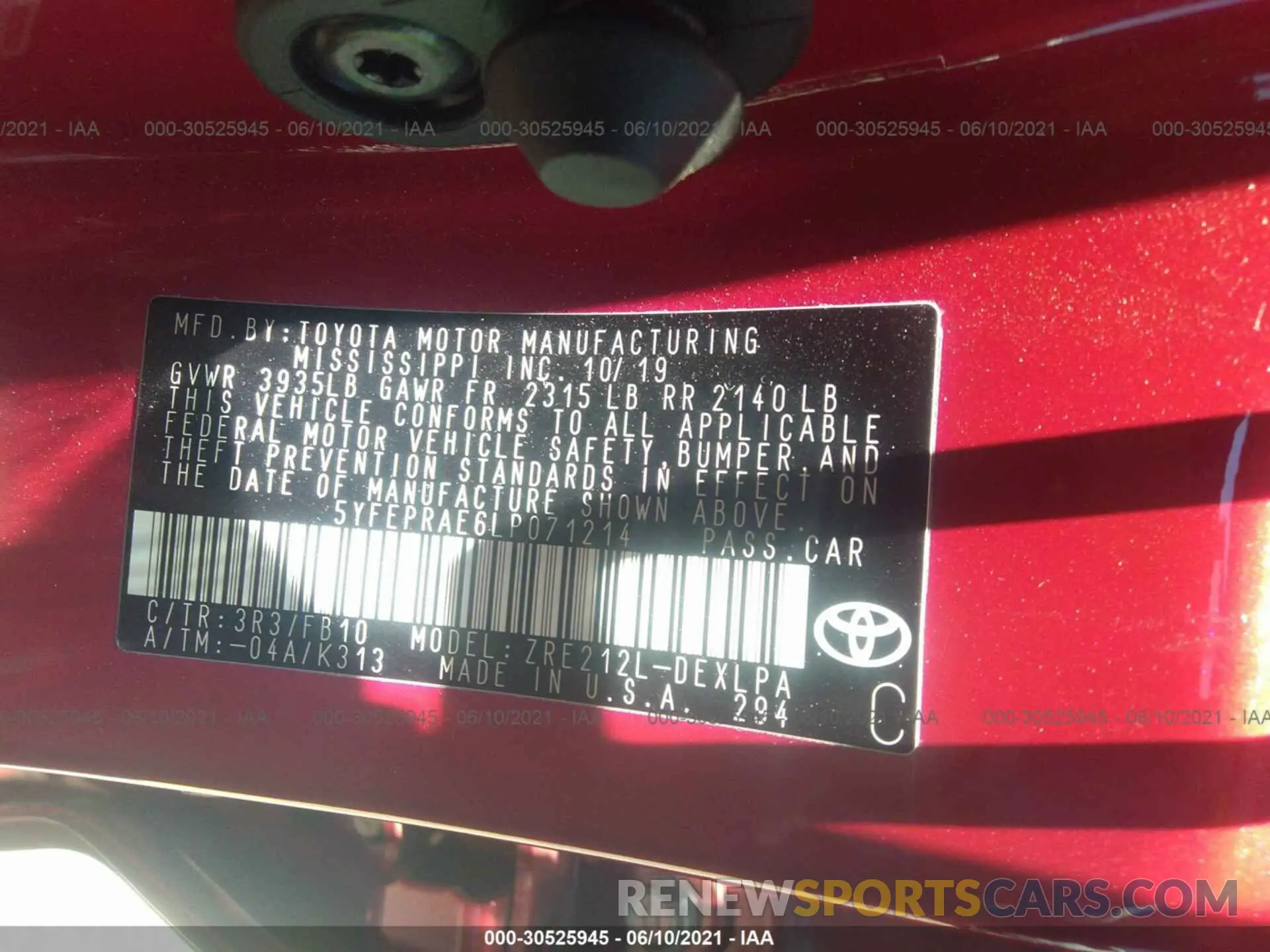 9 Photograph of a damaged car 5YFEPRAE6LP071214 TOYOTA COROLLA 2020