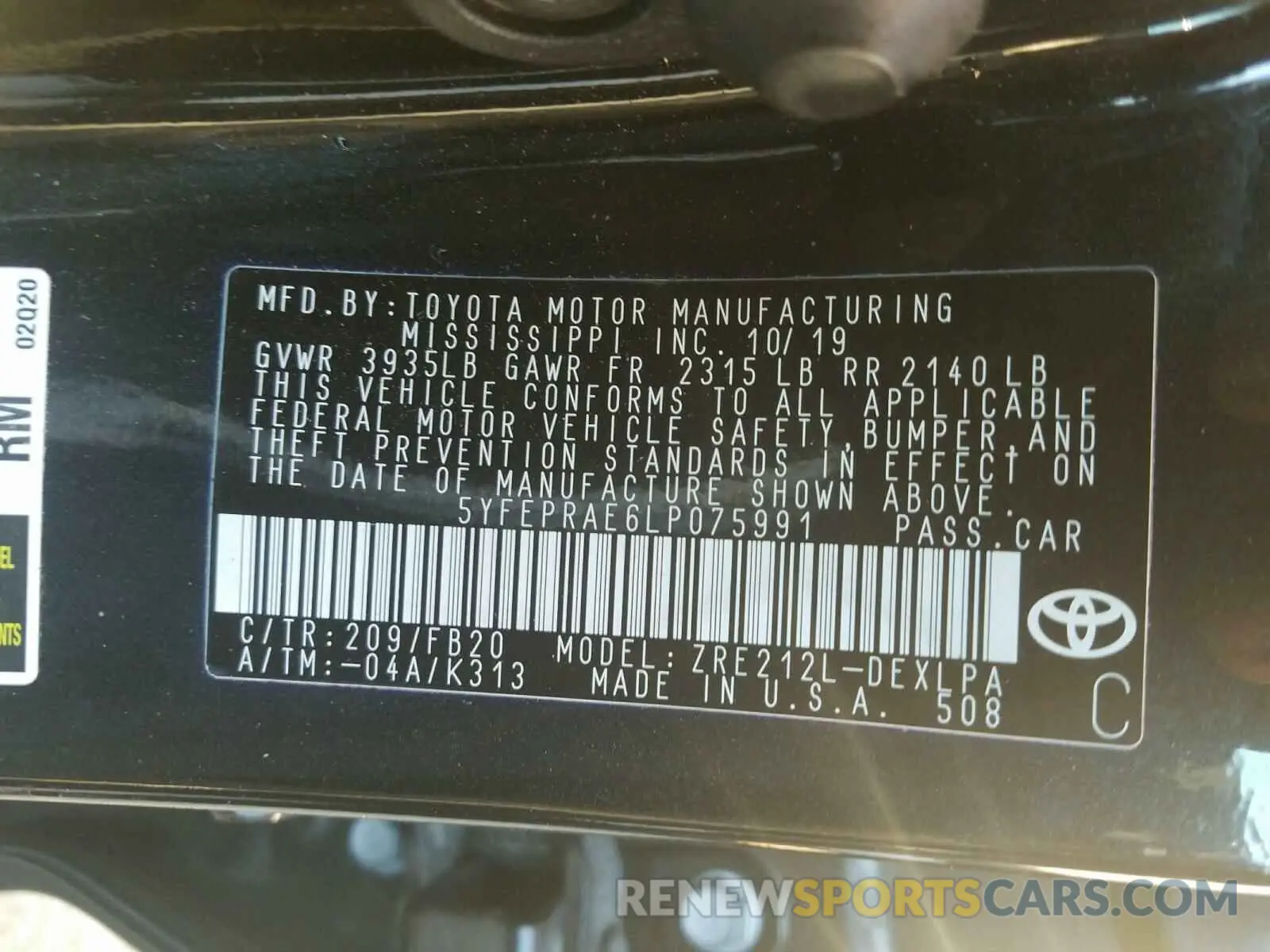 10 Photograph of a damaged car 5YFEPRAE6LP075991 TOYOTA COROLLA 2020