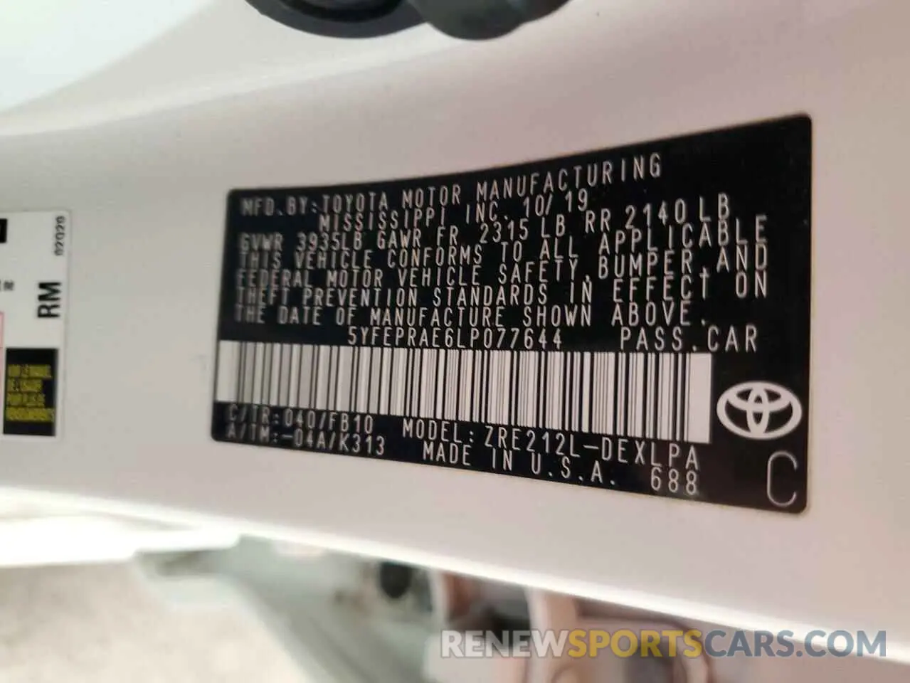 12 Photograph of a damaged car 5YFEPRAE6LP077644 TOYOTA COROLLA 2020